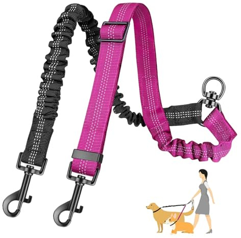 fKiZanthene Laisse double pour 2 chiens avec partie de connexion élastique, laisse réglable pour deux chiens, avec articulation à 360 °, laisse noire pour les promenades quotidiennes et le parc