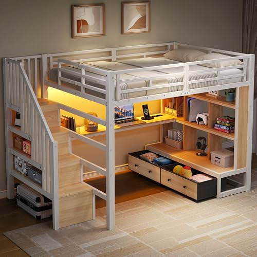 Xwiny Kinderbett mit 140x200 cm LED-Beleuchtung, Hochbett mit Schreibtisch und Regalen, Zwei Integrierten Schubladen, Treppe mit Stauraum, Weiß(Ohne Matratze)
