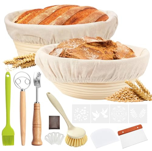 Bread Proofing Basket for Sourdough, Bread Making Kit,9 Round & 10 Oval Bread Proofing Basket with Liners,Dough Whisk, Scrapers & Brush,Sourdough Starter Kit Gift for Home Bakers