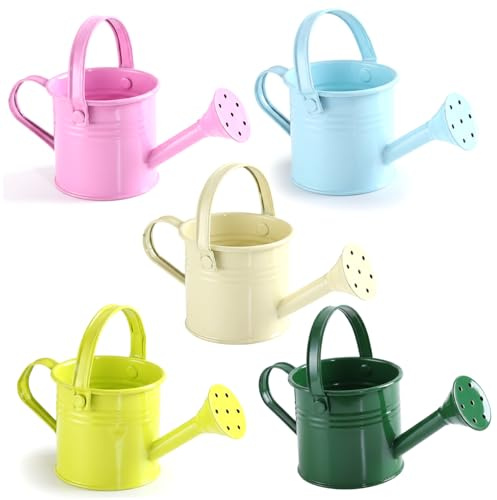 Juego de 5 regaderas para niños, Mini regaderas de Metal con Borde Liso Seguro y Mango cómodo, Maceta pequeña para Plantas de Interior, decoración de jardín (Colores Pastel) - Lata para niños