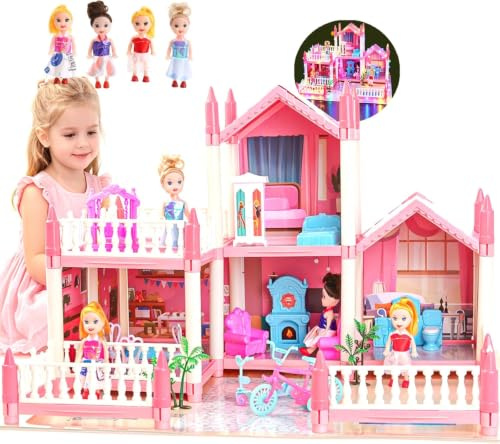 Maison de poupée pour filles avec lumière, tapis de jeu, poupées et meubles pour enfants de 3 à 8 ans
