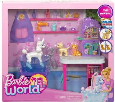 Coffret pour Barbie animalerie/Spa des Animaux + 2 Chiens + Chat + Accessoires - métier - Set 16 Pieces et Carte Animal