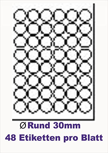 2400 Stk. Selbstklebende HOCHGLÄNZENDE Weiße Etiketten permanent klebend Adressetiketten Markierungspunkte Etikettenformat RUND Ø 30,0mm , 50 Blatt DIN A4, 180g/qm, NUR geeignet für Inkjetdrucker (Tinte)