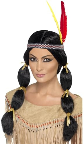 Smiffys Indianerin Perücke von amerikanischen Ureinwohnnern inspiriert, schwarz mit Zöpfen und Stirnband Halloween