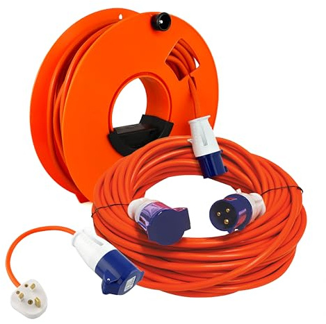 Netagon Travel Kit Heavy Duty Extension Lead Cable with Reel & Hook Up Adaptor | 240V 16a Mains Power | Ideal for Camping Caravan Campervan & Motorhome (10M Extension Lead with Cable Reel, UK Hook Up)