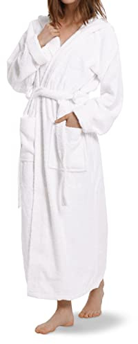 OAHOO Damen und Herren Frottee Bademantel mit Kapuze (1 Stück) Extra-langer Schnitt - Weiß 3XL