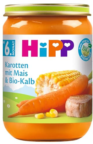 HiPP Karotten mit Mais und Bio-Kalb (6 x 190g), Menü ab 6. Monat, ohne Salzzusatz, mit Omega-3, glutenfrei, in bester Bio-Qualität