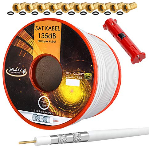 HB-Digital - Cavo antenna satellitare coassiale, in rame, 135 dB, UHD 4K, incluso spelafili e 10 connettori F (dorati)