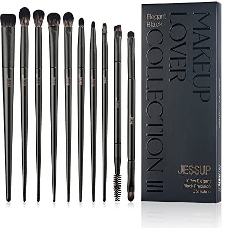 Jessup Set de Brochas de Maquillaje Ojos Profesional,Brocha Sombra de Ojos 10 Piezas Pinceles Maquillaje Ojos para Sombra de Ojos, Delineador,Pliegues,Brocha para Cejas Dos Puntas, Negro T337