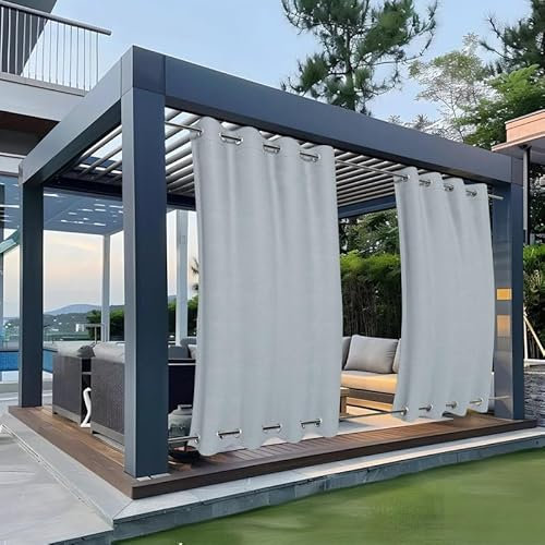 Clothink Outdoor Vorhang Ösen Oben Unten Anti-Verblassen Windschutz Sonnenschutz Sichtschutz Wetterfest, Terrasse Balkon Pergola (Grau-Weiß, 132x305cm)