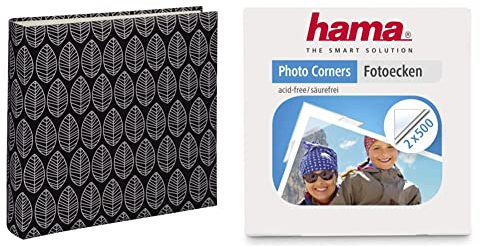 Hama Fotoalbum La Fleur (Jumbo Album mit 100 schwarzen Seiten, für 400 Fotos im Format 10x15, 30x30) schwarz & Fotoecken 1000 Stück (Foto Klebepads selbstklebend, Spenderbox 2x 500 Stück), transparent