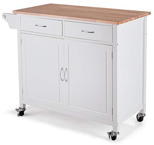 Kanizz Double Drawer Serving Cart w/2 Tiers Shelf Door Cabinet, Modern Rolling Kitchen Island Towel Shelf, Piine Wood Top Praparing Table Trolley Storage Cart, Utility Cabinet Island Shelf, White