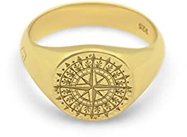 Herren Ring Gold Kompass Siegelring rund Gravur 925 Sterling Silber vergoldet massiv glänzend maritim | Männerschmuck mit Geschenkverpackung (66)