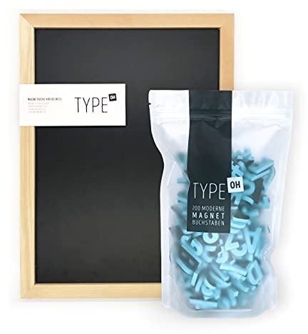 TYPE OH Lavagna magnetica (30 x 40 cm) con 200 lettere magnetiche moderne, numeri e caratteri speciali, ideale per frasi menu, lista della spesa, lettera/messaggistica (blu)