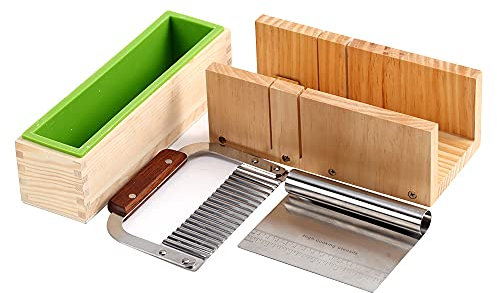 Cortador de jabón para pan de jabón de madera + 1 molde rectangular de silicona con caja de madera + 1 cortador recto + 1 cortador ondulado