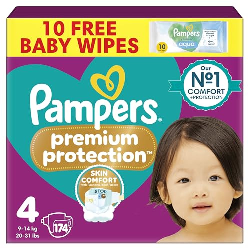 Pampers Premium Protection Size 4, 174 Nappies, 9kg-14kg, Monthly Pack, Double protection - Skin comfort - Ultra-soft materials