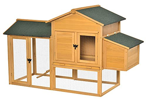 PawHut Zwerghühnerstall Zwerghühnerhaus mit Auslauf Geflügelstall mit Stange Fenster Nistkasten Tannenholz Gelb+Grün 168x75x103 cm