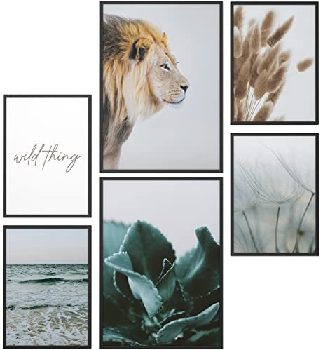 Papierschmiede® Mood Poster Set Pampas Wild, Deko Bilder Wohnzimmer, 2x DIN A3 (ca. 30x42) und 4x DIN A4 (ca. 21x30), Löwe Wollgras Strand beige grün Boho - Wandposter ohne Rahmen