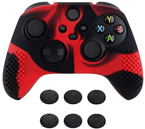 eXtremeRate PlayVital 3D Studded Edition Anti-Slip Silicone Cover Skin for Xbox Series X Controller, Soft Rubber Case Protector for Xbox Series S Controller with Black Thumb Grip Caps - Red & Black