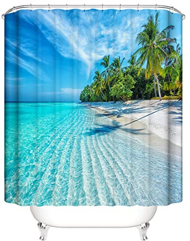OCEUMACO 3D Ocean Beach Shower Curtain Wet Room Tropical Teal Sea Scenery Shower Curtains Bathroom Blue Outdoor Palm Leaves Bath Curtain Mould Proof Resistant Washable 180 x 180 cm Waterproof