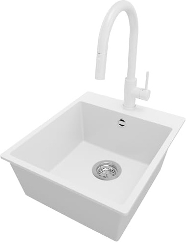 PRIMAGRAN Fregadero Granito al Mueble 45cm + Grifo, 43x50cm | Set: Grifo BW9010 + Kit de desagüe (sifón, válvula, rebosadero) + Riga 1 Seno para Cocina, Blanco