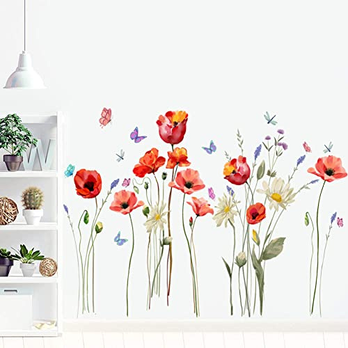 Runtoo Vallmo blommor väggkonst klistermärken fjäril blommor väggdekaler vardagsrum sovrum väggdekor