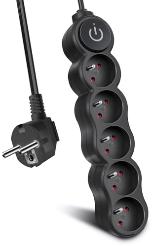 EXTRASTAR Bloc Multiprises 5 Prises avec Interrupteur, Rallonge 1,5 m 250 V avec sécurité Enfant, Noir