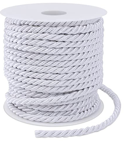 LEREATI Cuerda trenzada blanca de 5 mmx25 m, cuerda de poliéster de 3 capas suave, cordón de satén para manualidades, bolsas de regalo, decoración del hogar