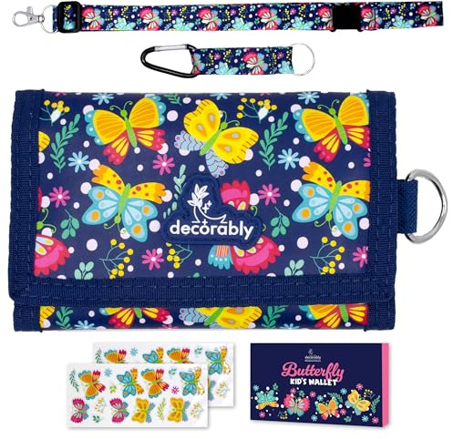 Decorably Trifold Butterfly Girls Wallets for Kids 8-10 with Lanyards, Multi-Compartment Girls Wallet with Lanyard, Coin Pocket, Card Slots, Stickers