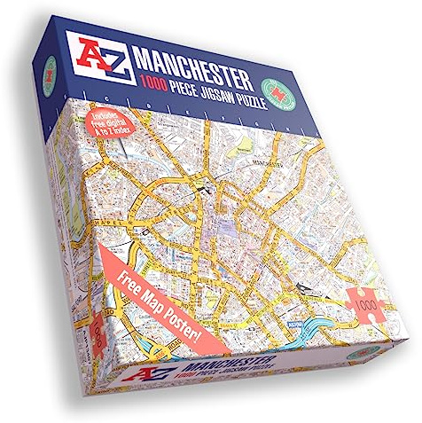 Great Britain A-Z Map of Manchester 1000 Piece Jigsaw Puzzle – Exclusive Street Map – Includes Guide Print & City Index – Nostalgic Gift Mapping Fun for Adults
