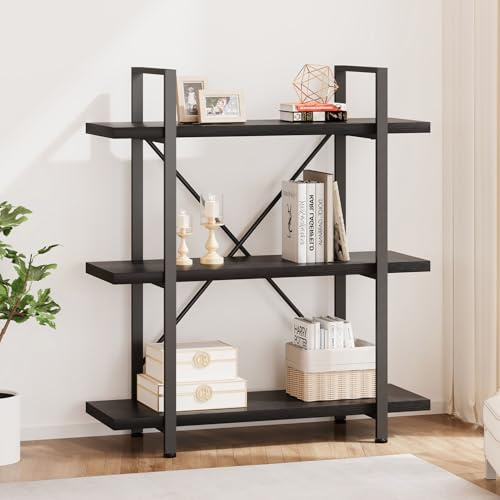 HSH Black 3 Tier Bookcase, Small Industrial Wooden Storage Shelf, Modern Open Low 3 Shelves and Vertical Display Stand, Vertical Shelf for Bedroom, Living Room