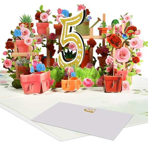 3D Pop-Up Karte zum 5. Jubiläum oder Geburtstag | Gartenmotiv mit Blumen, Pflanzen und Gartengeräten – zur Hölzernen Hochzeit