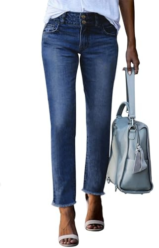 Sidefeel Women's Straight Legs Jeans High Waisted Strechy Boyfriend Denim Pants with Pockets Size 4 Bluing
