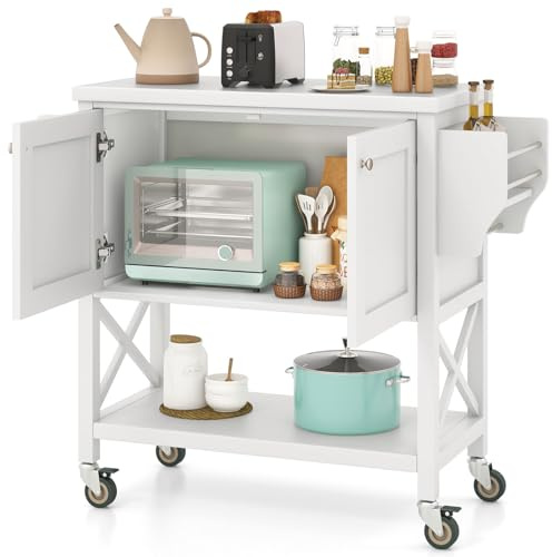 COSTWAY Küchenwagen auf Rollen, Servierwagen mit Schrank & Ablage, Rollwagen mit Handtuchhalter & Gewürzregal, Kücheninselwagen Landhausstil, Küchenschrank Holz, für Küche & Bar, 100x38x87cm, Weiß