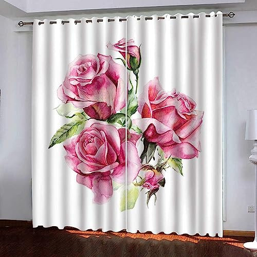 Blackout Curtains For Living Room - 3D Pink Roses - Soundproof Curtains Modern Stylish 3D Printed Design Eyelet Blackout Curtains Thermal Insulation