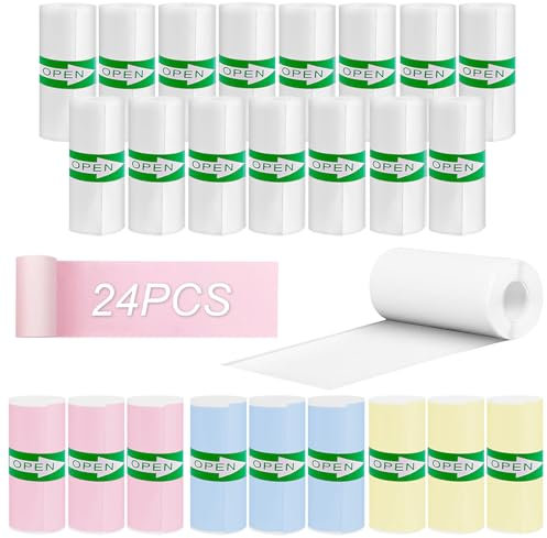 Lvjkes 24 Rollen Thermopapier, Mini Thermodrucker Papier, Selbstklebend Thermopapier Kinderkamera Sofort, Each roll is about 4 metres/157 in (9 Rollen Farbige+15 Rollen Weiß) 57 x 25 mm