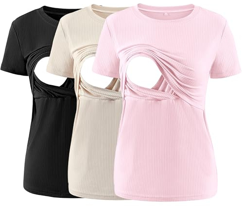 Liu & Qu Women's Maternity Nursing Tops Rib Short Sleeve Breastfeeding Shirts Maternity Clothes 3-Pack