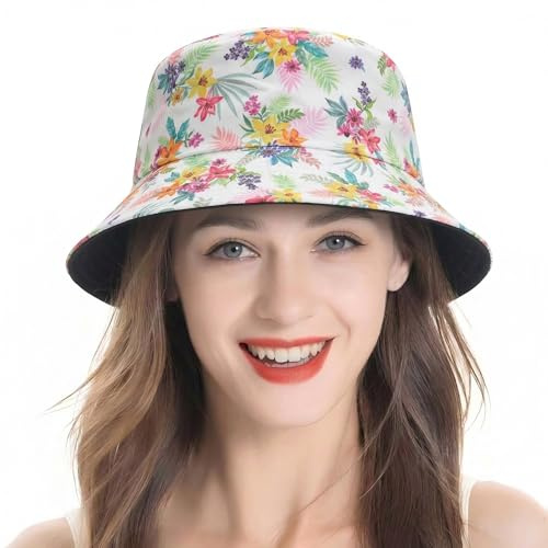 ZLYC Männer Frauen Sommer Fischerhüte Obst Hut, Weiße Tropische Blumen, One Size
