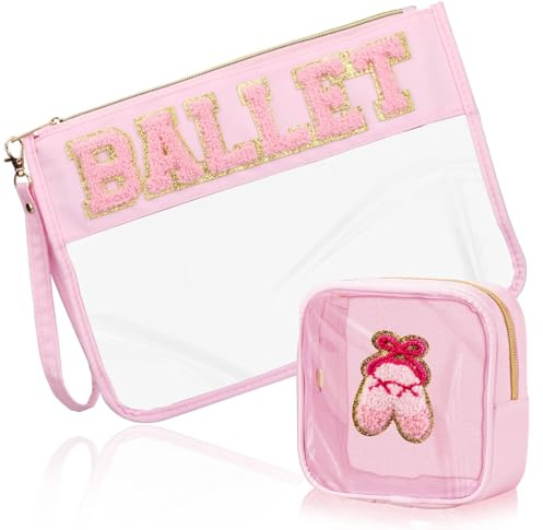 BuyCard 2 Pcs Ballet Gifts Cosmetic Makeup Bag with Chenille Letter Patch, Clear Pouch PVC Organizer Purse, Waterproof Travel Bag, Portable Toiletry Storage Bag for Her Girls Friends Women