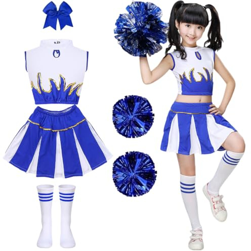 PIXUYE Deguisement Pompom Girl Fille Costume De Cheerleader Enfant Avec Pompons Et Chaussettes Uniforme De Pom-Pom Girl Costume Carnaval Cosplay Mascarade Halloween FêTe Performance,Blue-120