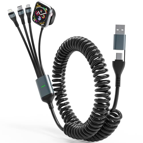 100W Multi Ladekabel Spiralkabel für Apple Watch - 4 in 1 Ladekabel Kompatibel mit Apple Watch, iPhone, Android, iPad und Tablette, mit Lightning, USB C und Micro-USB Anschlüssen