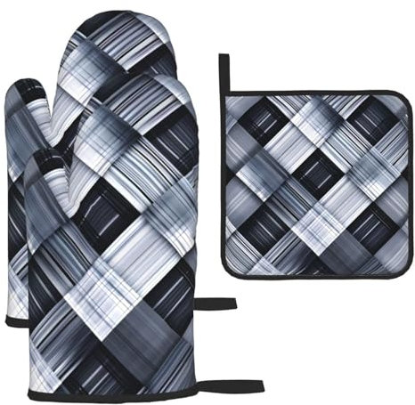 YYHWHJDE Lot de 3 maniques et maniques pour isolation thermique anti-brûlure, tissu à carreaux gris et blanc