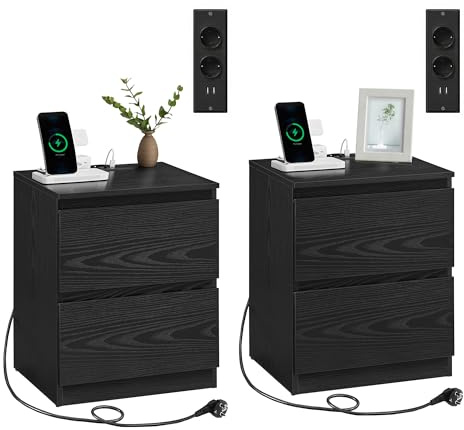 VASAGLE KAILYN Colección - Juego de 2, Mesita de Noche con Regleta de Enchufes, Mesa Auxiliar, 2 Cajones, 2 Tomas AC, 2 Puertos USB-A, Salón, Dormitorio, Negro Ébano LET821B02
