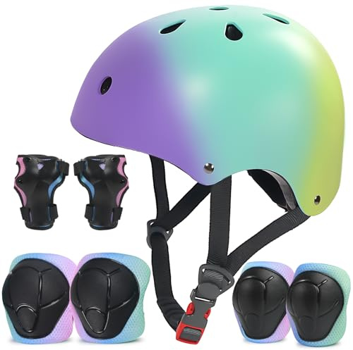 LANOVAGEAR Kinderhelm mit Knieschützern Ellbogenschützern Handgelenkschützern Schonerset Kinder Helm 7 in 1 für Skateboard Radfahren Scooter Roller Skate Bike (Lila Grün Gelb, M)