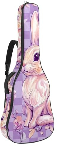 KengjuTesu 43 Zoll Akustikgitarre Softcase mit Rucksackgurt und 2 Taschen Lila Osterhase Blumen Keine Polsterung Rucksack Wasserdicht Oxford Tuch Bassgitarre Gigbag für Konzertgitarre, mehrfarbig,
