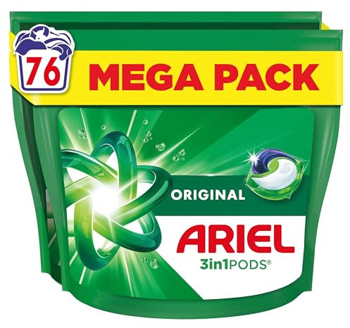 Ariel 3en1 PODS Original, 76 Lavages, Lessive Capsules Liquide, Élimination Impeccable Des Taches en Un Seul Lavage, Efficace Même à Froid, Préserve les Tissus, Fabriquée en France