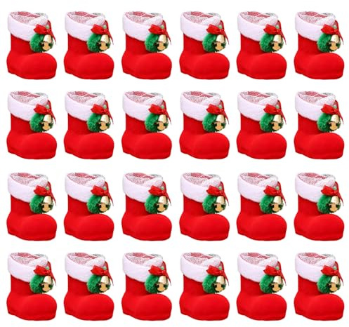 Kronabelle - 24 mini botas de Navidad rojas con campanas, medias navideñas de felpa para decoración del hogar, árbol, oficina y fiesta, 2.4 x 1.6 x 2.4 pulgadas