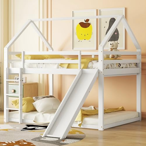 Rvjiahe Letto matrimoniale，letto per bambini ，Letti a casetta，Letti a castello con scivoli e scalette，, camera dei bambini letto a castello matrimoniale alto (White, 140×200cm)