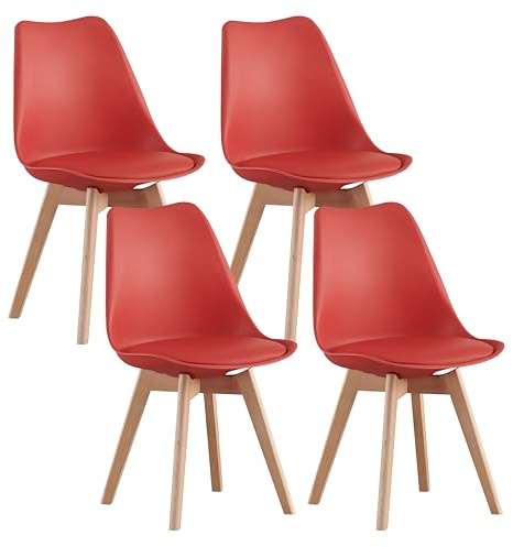 MOF Dining Chairs Set of 4 – Modern Faux Leather Dining Room Chairs with Wooden Legs, Padded Seat & Curved Backrest – Easy to Clean Chair for Lounge, Kitchen, Office - Stylish DELUXE Retro EVA (Red)