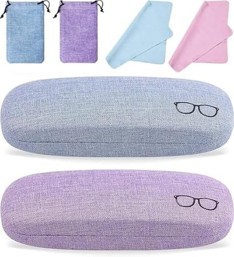 Zhiyu666 2Pack Hard Shell Eyeglasses Case Protector Linen Fabrics Large Glasses Case Concise with Drawstring Pouch Cleaning Cloth for Men Women